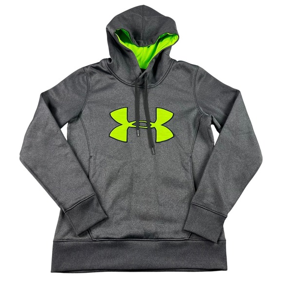 Under Armour Tops - Under Armour ColdGear Hoodie Womens XS Gray Neon Green Logo Loose Fit Sweatshirt